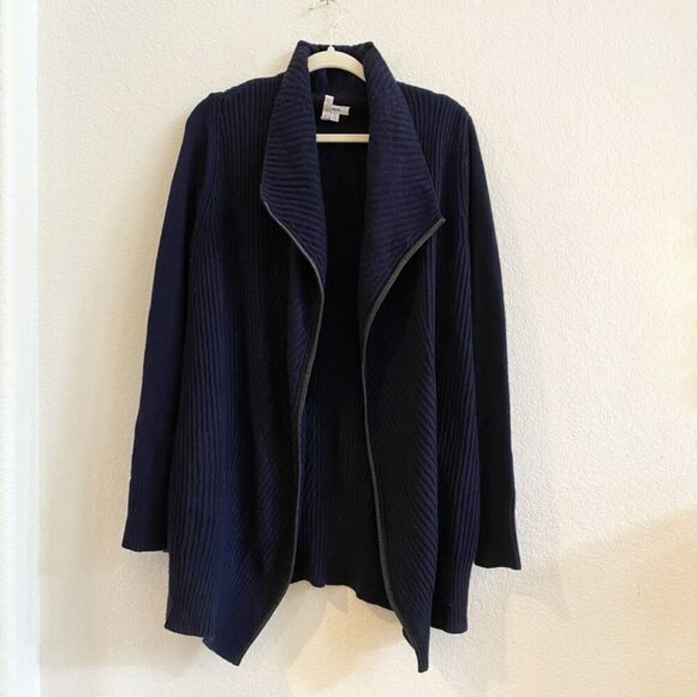 Vince Ribbed Yak Wool Draped Cardigan In Blue Size XS Open Front Leather‎ Trim
